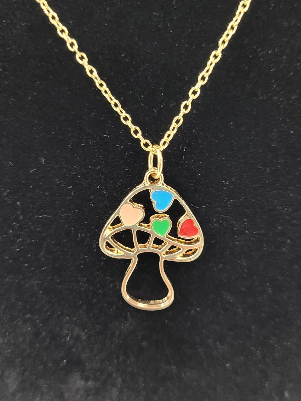 Gold Tone Mushroom Pendant Necklace with Multicolor Heart Accents
